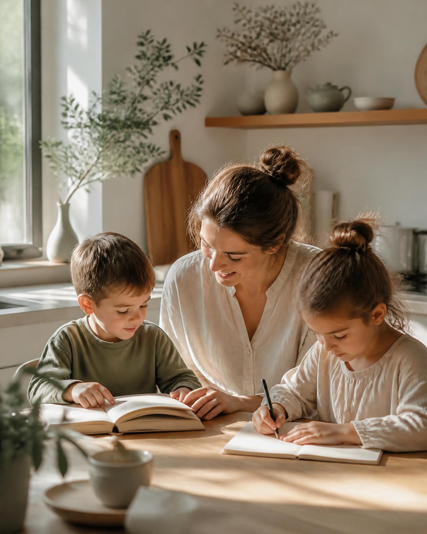 A mother reading and writing alongside her two children at a sunlit kitchen table