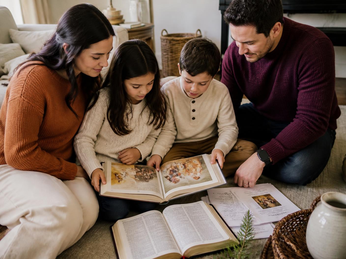 A homeschooling mother reviewing the week's plan with a pencil in hand while her children work nearby
