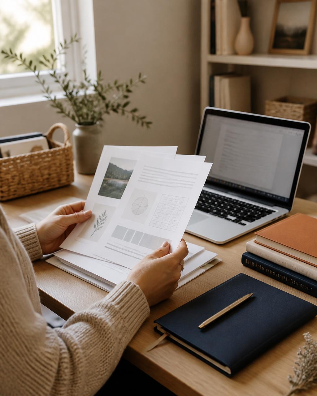 Homeschool resources being thoughtfully reviewed at a home workspace